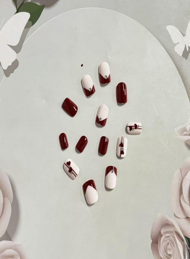 GRITOSE Valentine's Day Press on Nail Short Square Fake Nails Red False Nails with Rhinestones designs Acrylic French Tip Press ones Glossy Full Cover Reusable Glue on Nails for Women 24pcs - Image 5